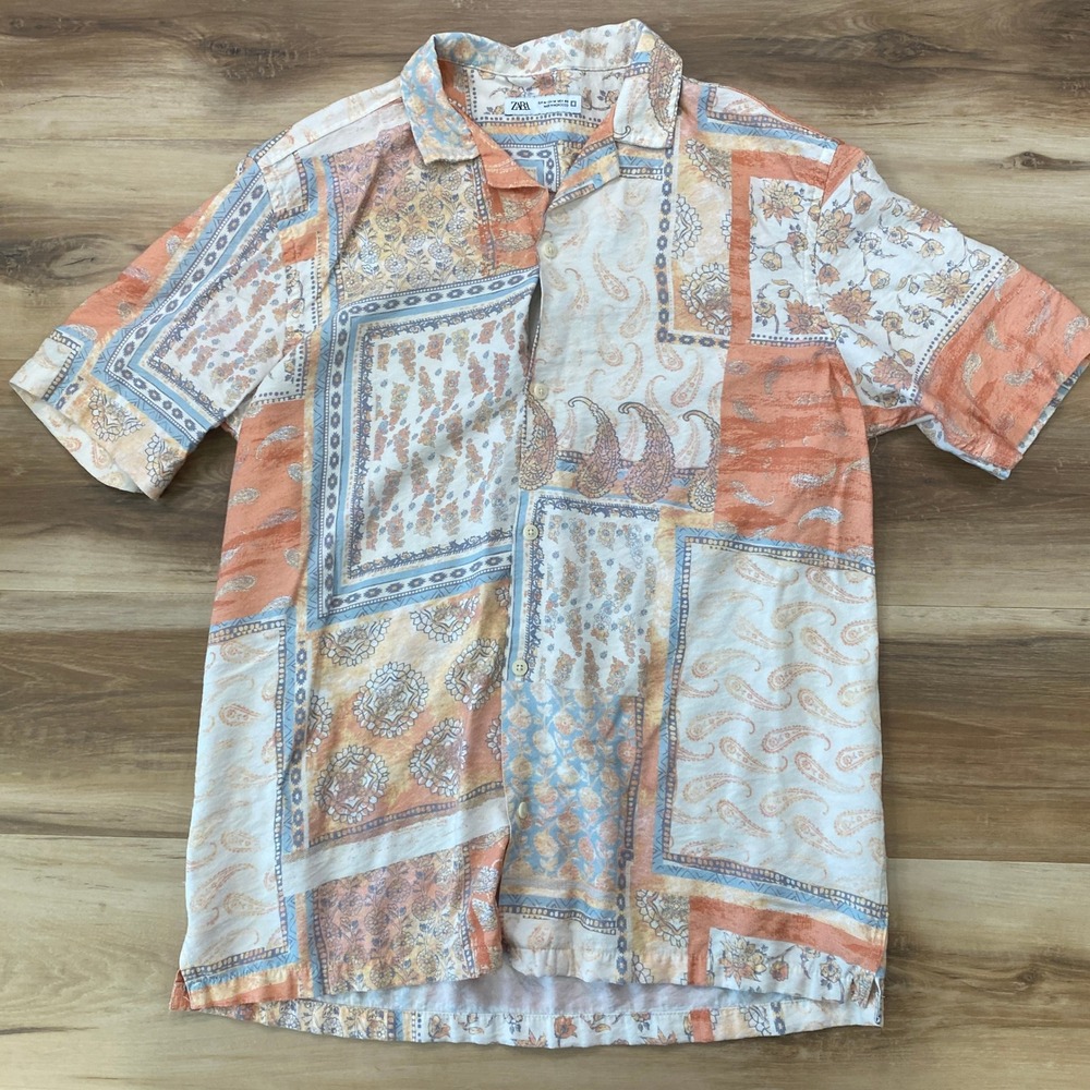 Zara Patchwork Button Down Shirt Size M Paisley Floral Short Sleeve Orange Blue